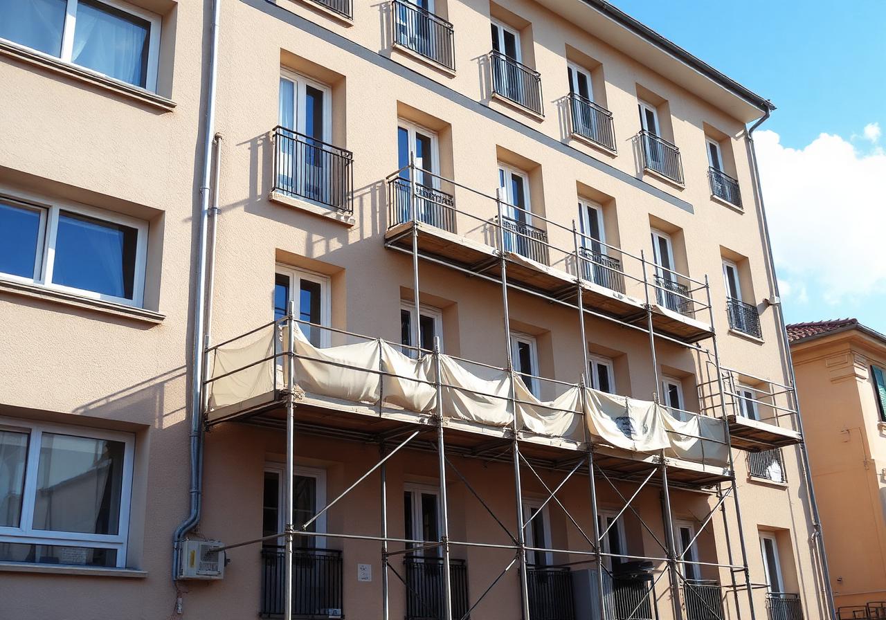 Façade de copropriété en rénovation énergétique dans l'Hérault